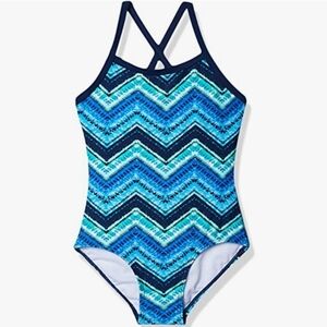 Kanu Surf Girls' Layla Beach Sport Banded Swimsuit in Kristen Blue Chevron SZ 14
